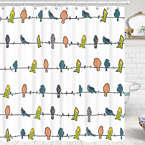Bird Shower Curtain, Colorful Type Of Birds Sitting And Chirping On Wires Musical Minimalist Shower Curtain Modern Bathroom Decor (69" W X 72" H), Bird Fabric Shower Curtain Set With Hooks Include #TOP1
