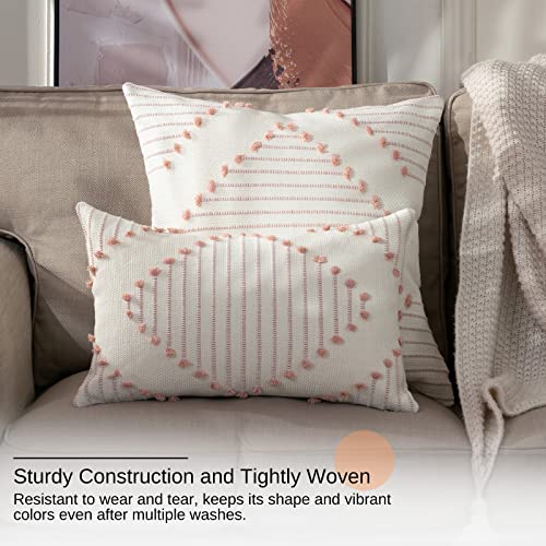Blue Page Boho Decorative Throw Pillow Covers 20X20 Set Of 2 Tufted Farmhouse Pillow Covers For Couch Sofa Bed Living Room, Modern Accent Pink And Cream White Neutral Weave Pillow Covers #TOP6