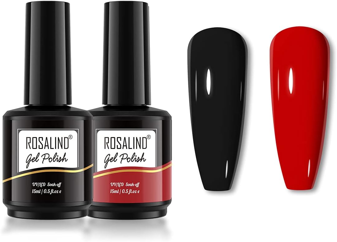 ROSALIND Gel Nail Polish Set Black Red Colors, 15ML Black Red Gel Nail Polish Soak off Black Gel Nail Polish Red, Black Red Solid Colors Gel Nail Polish 2PCS Classic Black Gel Polish for Women