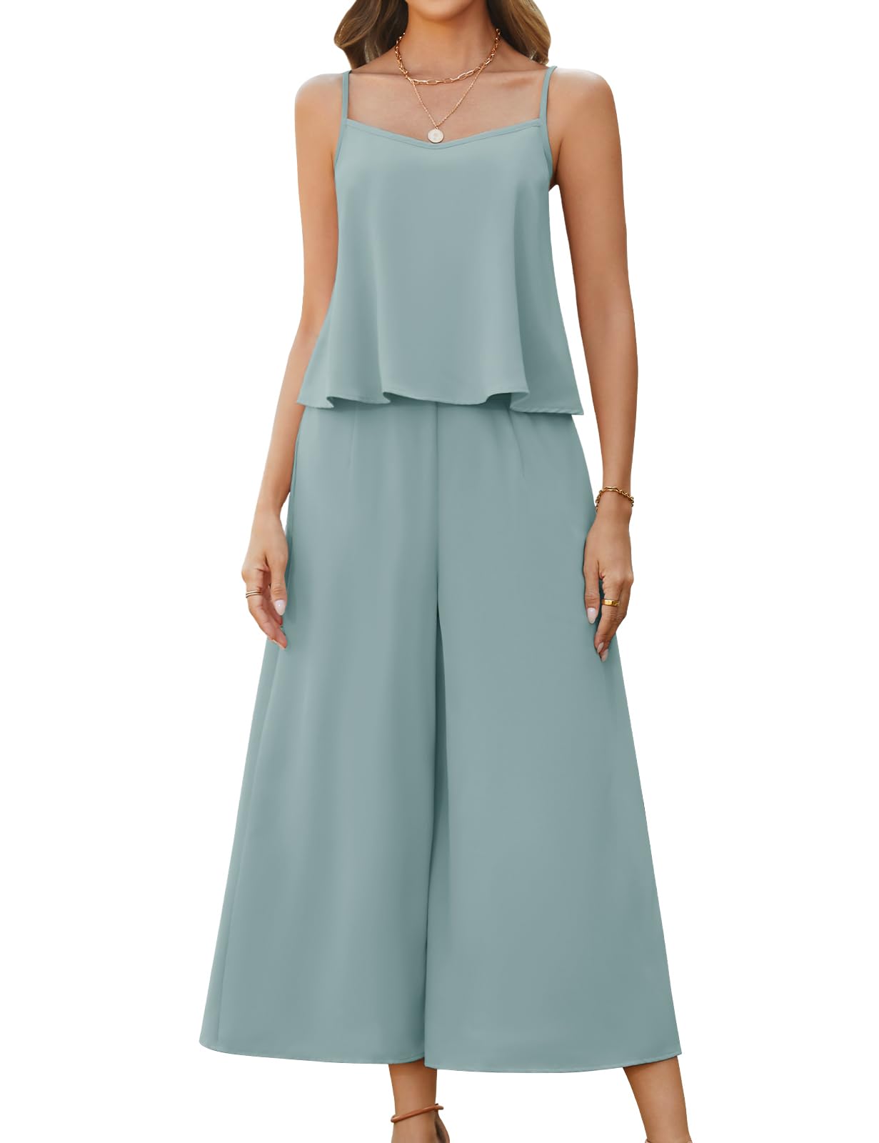 Ensemble Femme Été 2 Pieces Tops sans Manches et Taille Haute Pantalons Fluide Décontracté Jambe Large avec Poches Chic et Elegant Outfit Loungewear Set