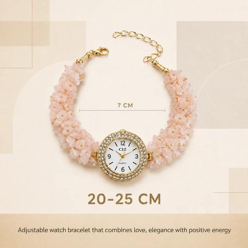 Image of ARKN Crystal Bracelet Watch for Women | Natural Gemstone Beaded Wrist Watch | Gold-Tone Dial with Rhinestone Bezel | Adjustable Fashion Jewellery Gift for Women & Girls
