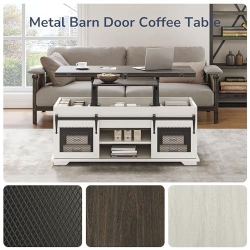 Image of BELLEZE Lift Top Coffee Table, 44 inch Farmhouse Table with Storage & Sliding Barn Doors, 3 in 1 Multi-Function Coffee Table for Living Room, Dining Reception Room, Lawson - White Sand