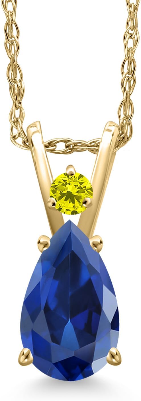 Gem Stone King 14K Yellow Gold Blue Created Sapphire and Canary Diamond Pendant Necklace for Women | 1.14 Cttw | Gemstone September Birthstone | Pear Shape 8X5MM | With 18 Inch Chain