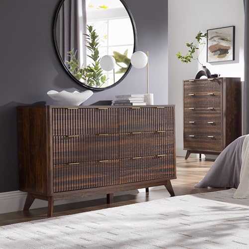 Image of T4TREAM Fluted 6 Drawers Dresser, 54 inch Wide Modern Chest of Drawers, Curved Profile Design, Dresser TV Stand, Wood Drawer Organizer for Bedroom, Living Room, Hallway, Dark Walnut