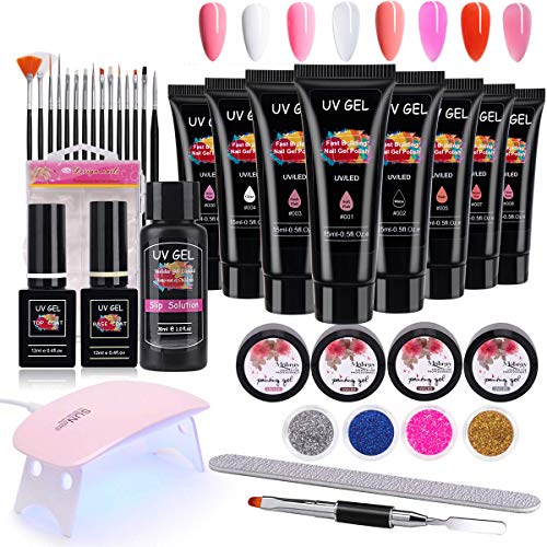 Poly Nail Gel Kit, MYSWEETY 15ml Nail Poly Extension Gel Kit 8 Colors Gel Polish 6W UV LED Nail Dryer with Top & Base Coat + Slip Solution + Painting Gel