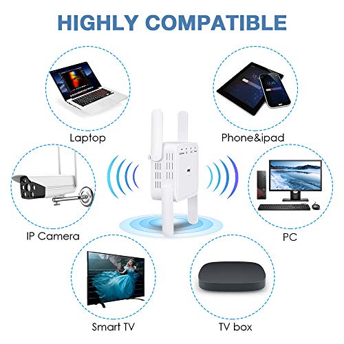 1200Mbps WiFi Booster Range Extender Repeater, 2.4 & 5GHz Dual Band WPS Wireless Signal 4 Antennas 360° Full Coverage, Extend WiFi Signal to Smart Home & Alex Devices (White)