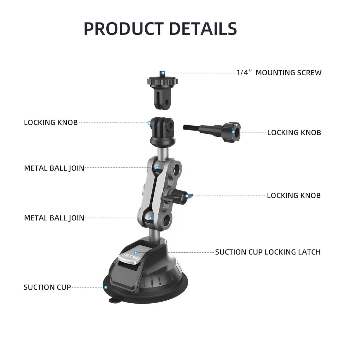 Supporto a Ventosa per GoPro Hero 13/12/11, Accessori action cam per Auto con testa a sfera girevole a 360°, Connettore da 1/4" compatibile con Insta360 X5/X4, per DJI Osmo Action 5/Procket