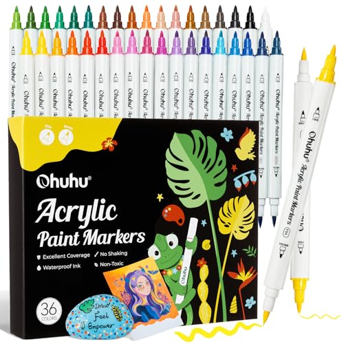 Ohuhu Acrylic Paint Markers Cotton-core: 36 Colors Dual Tips (Brush & Fine) Paint Pens High Opacity Acrylic Markers Waterproof Lightfast for Rock Painting Easter Eggs Wood Glass Ceramic Canvas