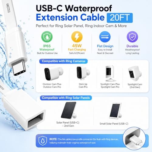 20FT USB C Extension Cable for Ring Solar Panel-Waterproof Long Extender - 1