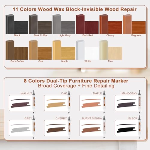 Laminat Reparaturset, Holz Vinyl Parkett Reparaturset Upgrade-Schmelzwerkzeug11 Farben Hartwachs 8 Doppelspitzen-Marker für Möbel Arbeitsplatten Repariert Kratzer,Löcher,Risse,Dellen in Möbeln,Böden