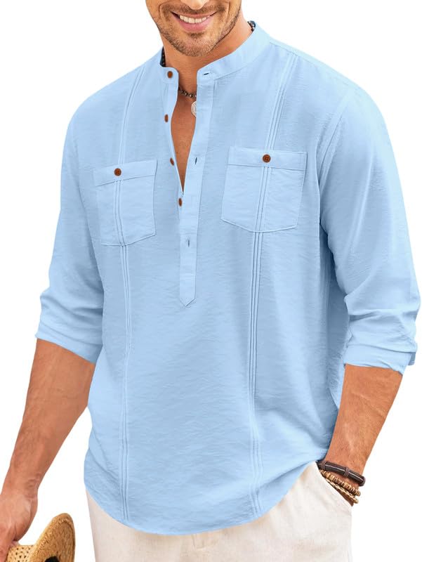 Cotton Blend Solid Casual Short Kurta for Men Long Sleeve Mandarin Collar Stylish Shirt Kurta for Men