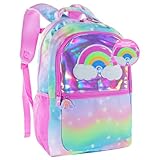 Decorably 16.5in Sequined Holographic Rainbow Backpack for Girls with Colorful Design, Multi-Compartment Girls Backpacks Ages 6-8 and Up with Padded Straps and Back, 3 Main Compartments - School