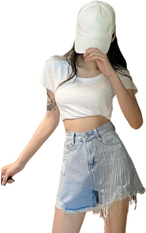 Fringe Ripped Frayed Denim Shorts Women's Summer High-Waist Slimming A-Line Wide Leg Hot Shorts