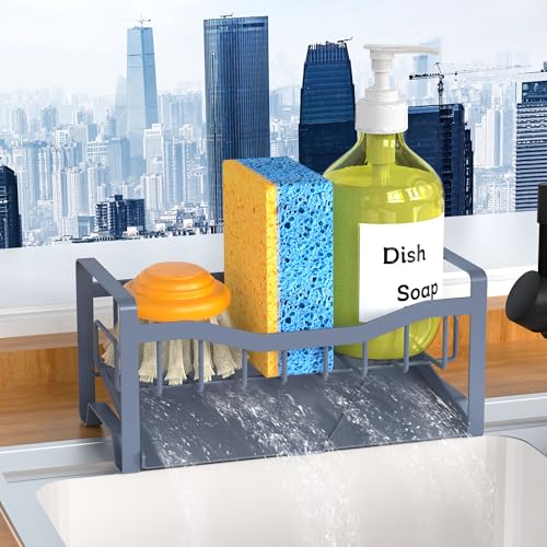 Maifan Stainless Steel Kitchen Sink Caddy Organizer with Auto Drain Tray, Sponge Holder for Countertop Storage Grey Blue