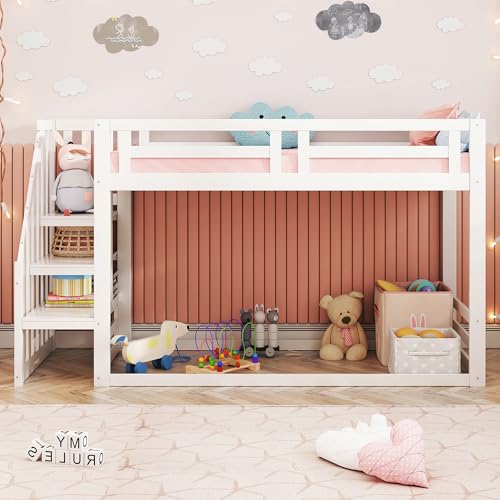 Idemon Cama infantil de 90 x 200 cm, litera baja con escalera de seguridad, estructura de madera maciza con somier (blanco)