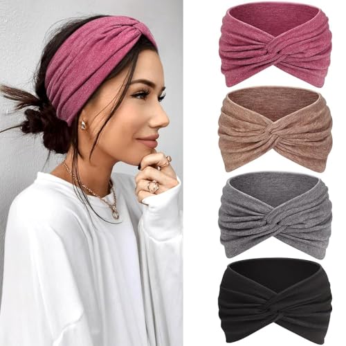 Kavya Diadema Mujer Cinta Pelo 4 Unidades – 7'' Ancho Elástico Boho con Nudo Cruzado, Turbantes para Mujer Bandana Headband Accesorios Pelo para Yoga, Deportivo y Maquillaje