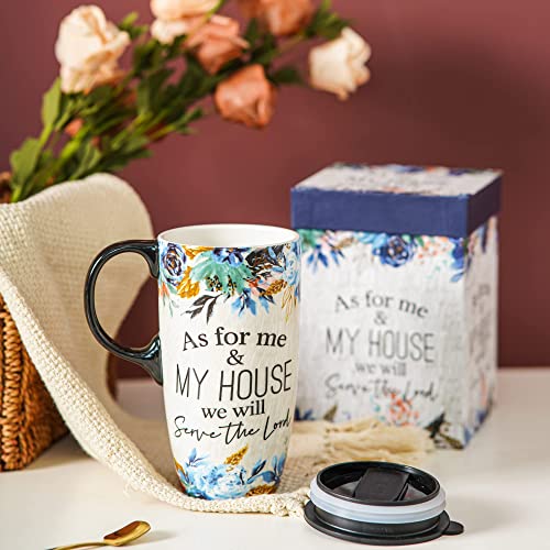 DUSVALLY Ceramic Mug Tall Coffee Cup with Lid, Handle and Gift Box Latte Mug 17oz,Blue Flower, Medium (Approx. 3.5 x 6.5 inches)
