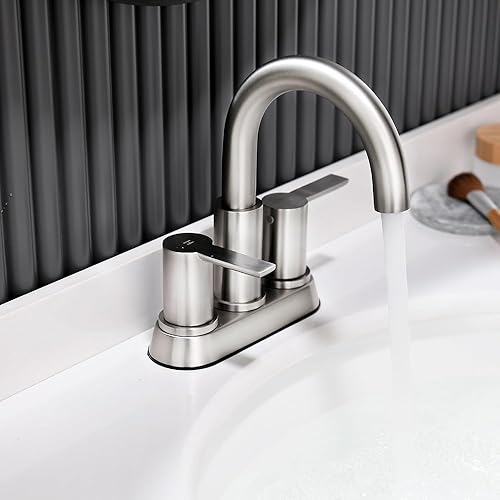 Miniatura 2 de BF017L - Grifo para lavabo de baño, níquel cepillado, dos asas, grifo de baño de 4 pulgadas, 3 agujeros con drenaje desplegable y 2 líneas de