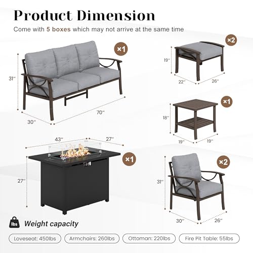 Image of FansaFurn 7-Pieces Outdoor Patio Furniture Set with 43 inch Fire Pit Table, Outdoor Metal Sectional Sofa with Cushions, Outdoor Conversation Set for Garden, Balcony, Deck, Backyard, Grey