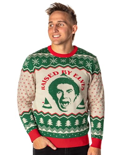 Bioworld ELF The Movie Mens Raised By Elves Ugly Sweater for Christmas Knit Pullover (Large) Brown