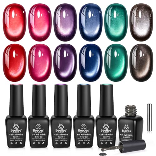 Image of Beetles Cat Eye Gel Nail Polish Set, Tarot Reverie 6 Colors Fall Nail Gel | Glitter Gel Nail Kit Ruby Red Pink Purple Navy Blue Emerald Green Black Magnetic With Magnet Soak Off UV Gift for Women