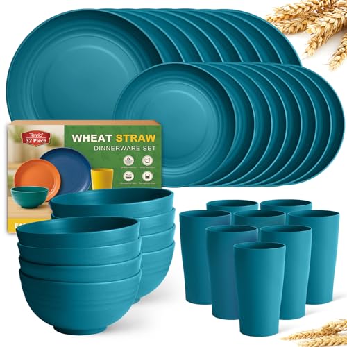 Teivio 32-Piece Kitchen Plastic Wheat Straw Dinnerware Set, Service for 8, Dinner Plates, Dessert Plate, Cereal Bowls, Cups, Unbreakable Plastic Outdoor Camping Dishes, Dark Blue