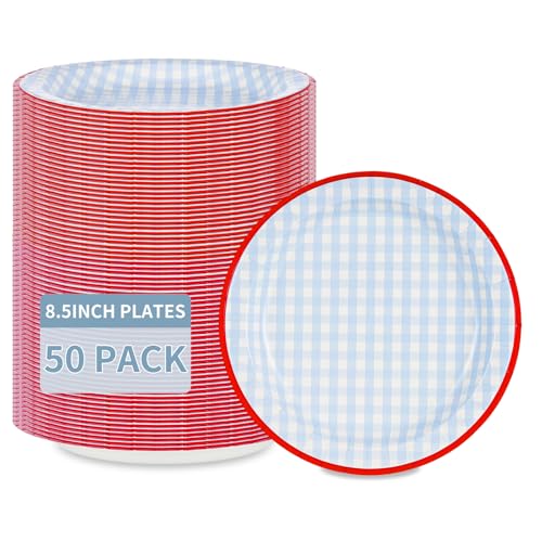 VIVAVENTURE 50 Pack Disposable Paper Plates 8.5 Inch Blue Gingham Paper Plates Disposable Plaid Decorative Dinner Dessert Serving Plates for Baby Shower Wedding Birthday Party