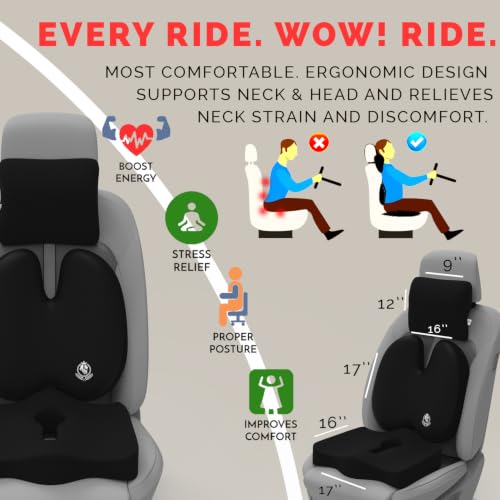 Image of MRRON Memory Foam Posture Corrector Car Seat Cushions Combo | Orthopedic Backrest, Coccyx Cushion & Neckrest | Ergonomic Lumbar Comfort Seat Cushion | Reduces Sciatica, (Black, Backpro)