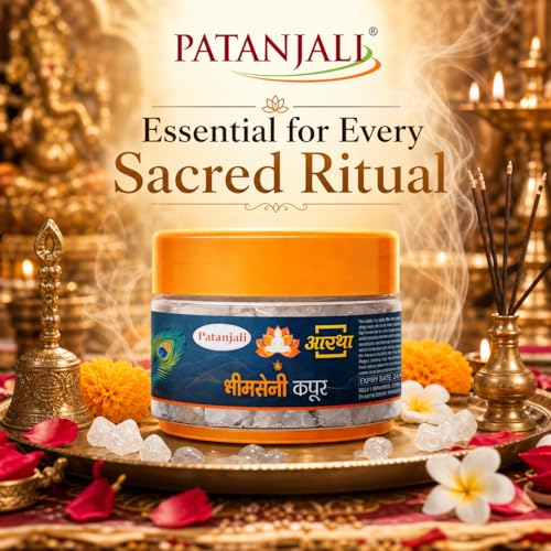 Image of Patanjali Aastha Bhimseni Kapoor Camphor Crystals for Puja, Havan & Aromatherapy | Natural Long Lasting Air Freshening Kapoor | 25g Each Jar, Pack of 4 for Home, Temple & Spiritual Use for Daily Pooja