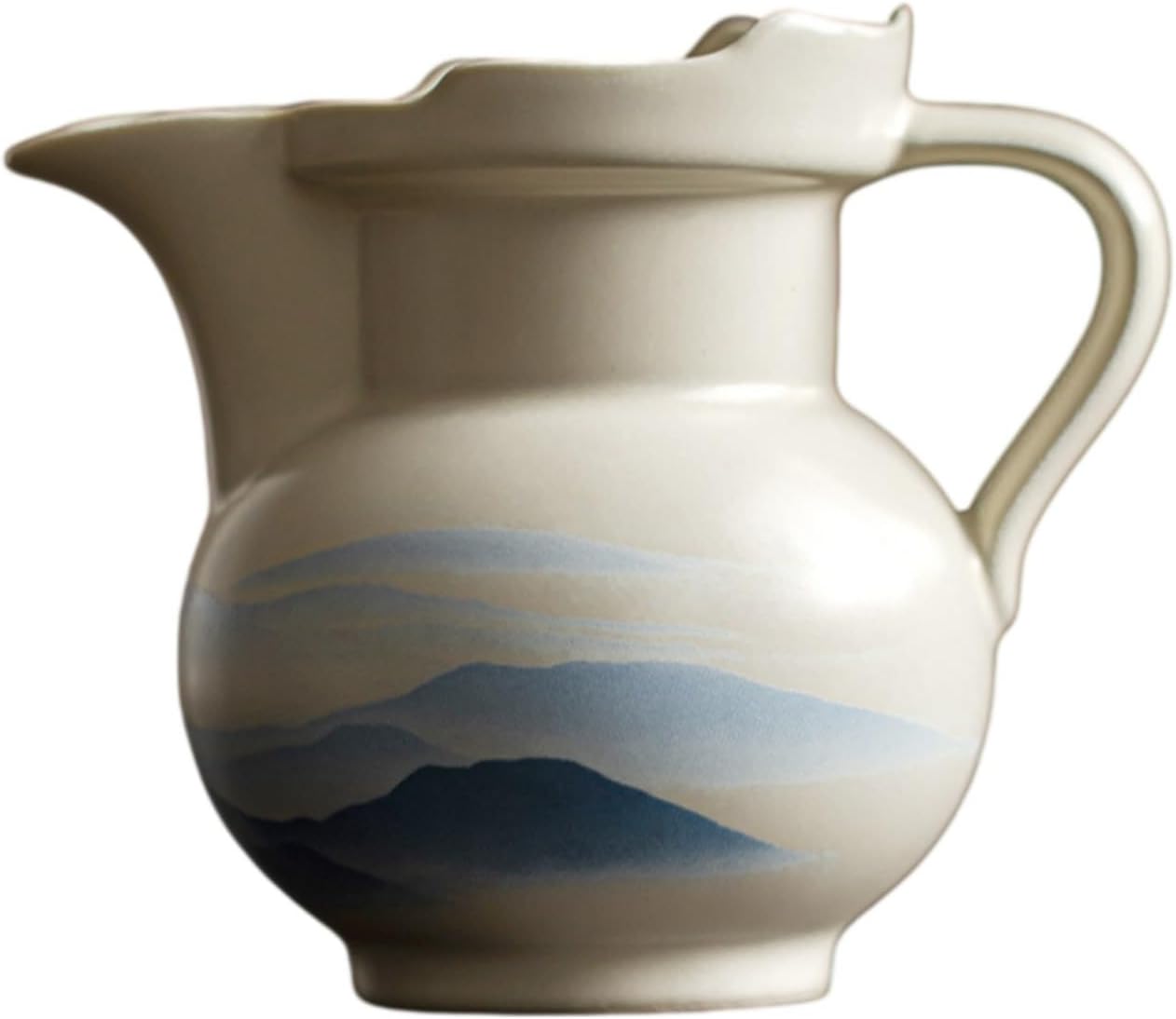 米黄亚光水墨山景公道杯陶瓷单个茶水分 Ceramic Kung Fu Tea Set,teapot,Teacups,warming Wedding Birthday Gift,Tea Tray Chinese,Dishwasher Safe 250ML-米黄亚光-僧帽公道杯【蓝墨山景】