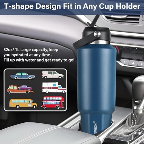 Image of HYDROWION 32 oz Insulated Water Bottle, Car Water Bottle Holder - Double Wall Vacuum Insulated Travel Bottle with Straw Lid, Spout Lid and Flex Cap - Cold for 24H, Hot for 12H, Cobalt
