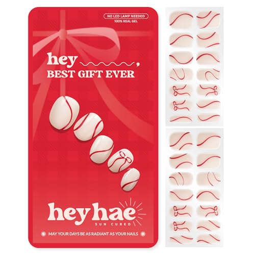 Heyhae Semi Cured Gel Nail Strips | No LED Lamp Needed | Holiday Red Neutral | Easy Apply & Remove Salon Quality | Includes 28 Strips 1 Prep Pad Nail File & Wooden Stick