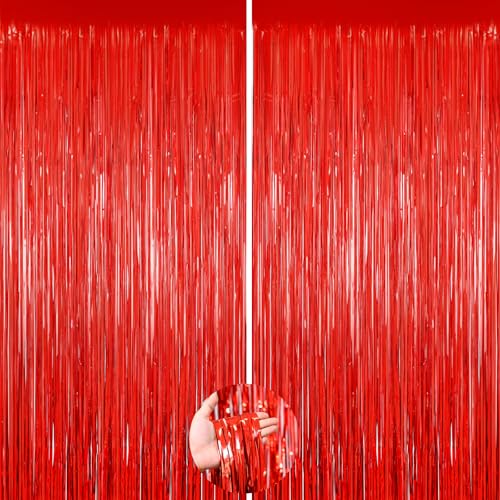 Image of Red Streamers Foil Fringe Curtain 3.3 x 8.3ft Party Streamers 2Pack Metallic Streamer Curtains Mermaid Birthday Themed Party Decorations Tinsel Curtain for Parties Streamers for Wedding Xmas Decor