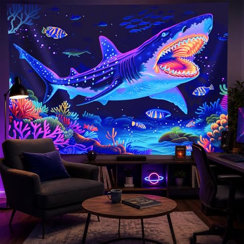 Image of BlissYard Blacklight Shark Tapestry Glow In The Dark UV Reactive Wall Hanging With Neon Underwater Ocean Scene Psychedelic Black Light Tapestries For Bedroom Party Decor 78x59 Inch