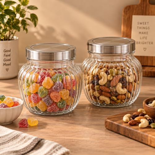 Image of bellemax 650ML Ribbed Glass Storage Jar with Airtight Metal Lid | Clear Kitchen Storage Container for Dry Fruits, Snacks, Cookies, Candy, Spices & Pantry Organizer Set of 2