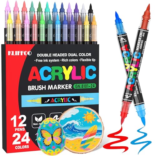 Image of KLIFFOO 24 Colors Acrylic Paint Markers,12Pcs Dual Head Brush Tip Sketch Pen for Painting,Sketching,Calligraphy, Permanent Colouring Marker Pen for Rock,Canvas,Wood, Glass,Fabric (24 Colors 12 Pcs)