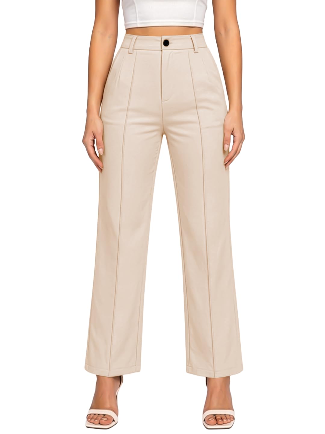 navyankaa Women’s High Waist Formal Straight Fit Trousers Premium Stretch Office Pants Front Pleated Design Smart Workwear Bottom for Office, Casual & Business Wear-picture-14