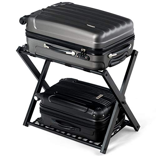 GOPLUS Support de Bagage Pliant en Métal avec 4 Sangles Durables pour Déposer Sacs de Voyages Valises Bagages Chaussures, pour Hôtels, Chambres, Auberges,...