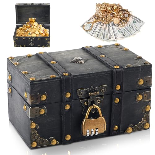 Deepton Kleine Schatztruhe Holz Vintage Schatzkiste Kinder mit Schloss Schatztruhe Kindergeburtstag 18 * 11 * 10.5cm Rotbraun Piratenkiste Schatztruhe Klein Aufbewahrung für Schmuck Münzen Deko