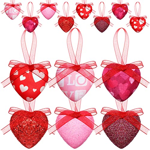 Kajaia 24 Pcs Glittery Valentine's Day Decoration Red Pink Heart Tree Ornaments with Bow Valentines Tree Decoration Hanging Decorative Ornaments for Home Wall Party Indoor Outdoor Decor