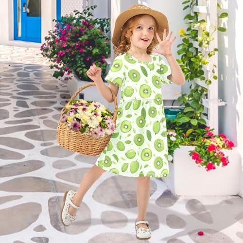Girls' Short-Sleeve Dress Green Kiwi Fruit Leaf Summer A-Line Swing Cute Sundress 2-8T4