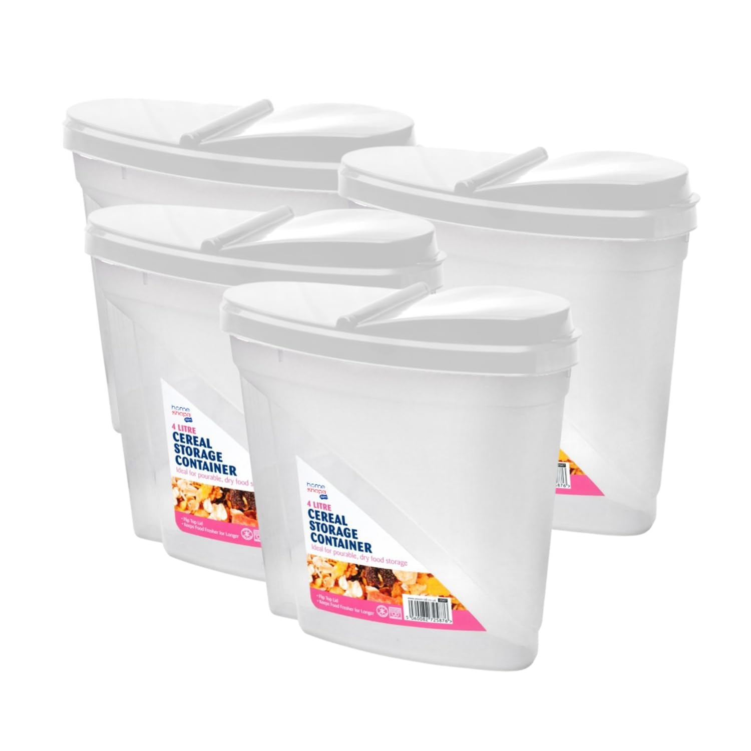 Homeshopa.com White Homeshopa 4 Litre Cereal Storage Container, 4 Pack Plastic Dry Food Dispenser, Airtight Flip-Top Lids Box, Easy Pour Spout Canisters, Kitchen Pantry Organiser, Ideal For Cereal, Rice, Pasta & More