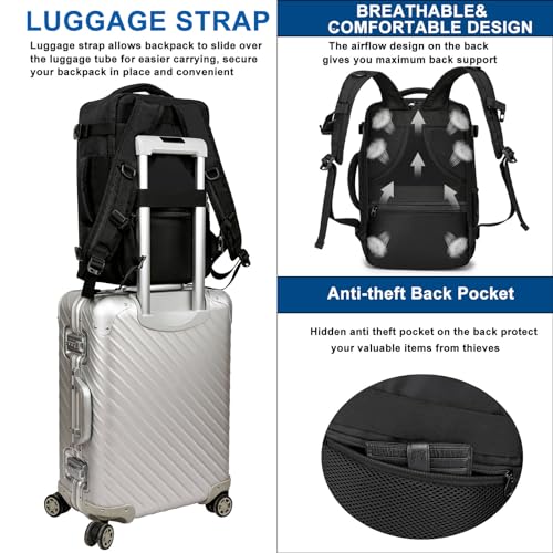 Mochila de cabina en uso sobre una maleta, ilustrando su conveniencia para viajes
