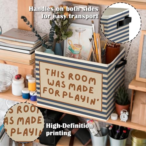 Image of Blue Striped Kids Playroom Storage Bins Box with Handles, This Room Was Made for Playing Collapsible Basket Organizer for Kids Nursery Bedroom Bathroom Playroom Books Clothes