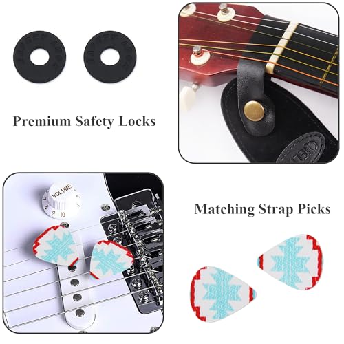 Image of Adjustable Guitar Strap Includes 2 Strap Locks & 2 Matching Picks & 1 Picks Holder & 1 leather Strap Button.