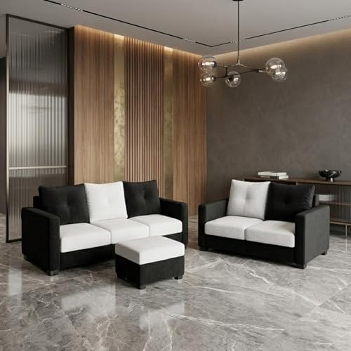 Image of FURNY Amonster 3 Seater + 2 Seater Fabric Sofa Set with 1 Ottoman (Black - Light Gray) with Velvet Finish | Durable Comfort | Ideal for Living Room