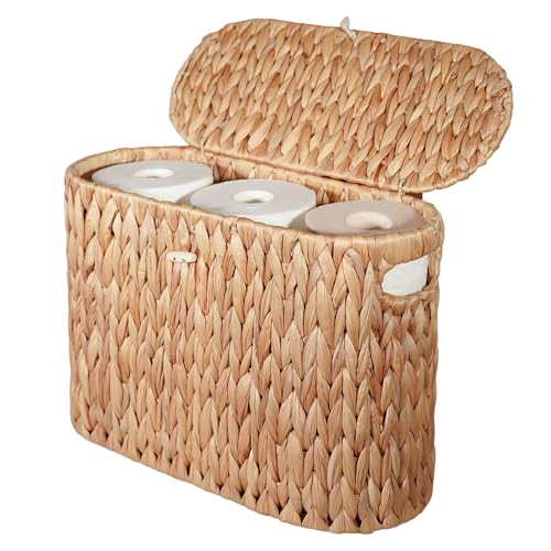 PINXIURY Water Hyacinth Toilet Paper Storage Basket, Bathroom Toilet Organizer with Lid, Woven...