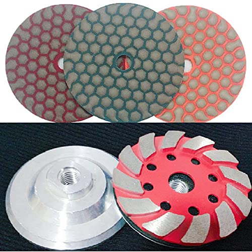 5" Diamond Dry Polishing Pad 3 Step and 4 Pieces of 5" Aluminum Base Turbo Grinding Cup Wheel for Stone Concrete Sanding Granite Marble Polish Floor countertop Renew