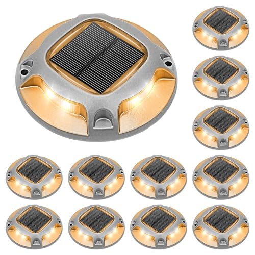 VOLISUN Solar Driveway Lights Dock Deck Lights 12 Pack,2 Colors in 1 Led IP67 Waterproof Outdoor Warning Step Lights for Driveway Sidewalk Pathway (White/Warm White)