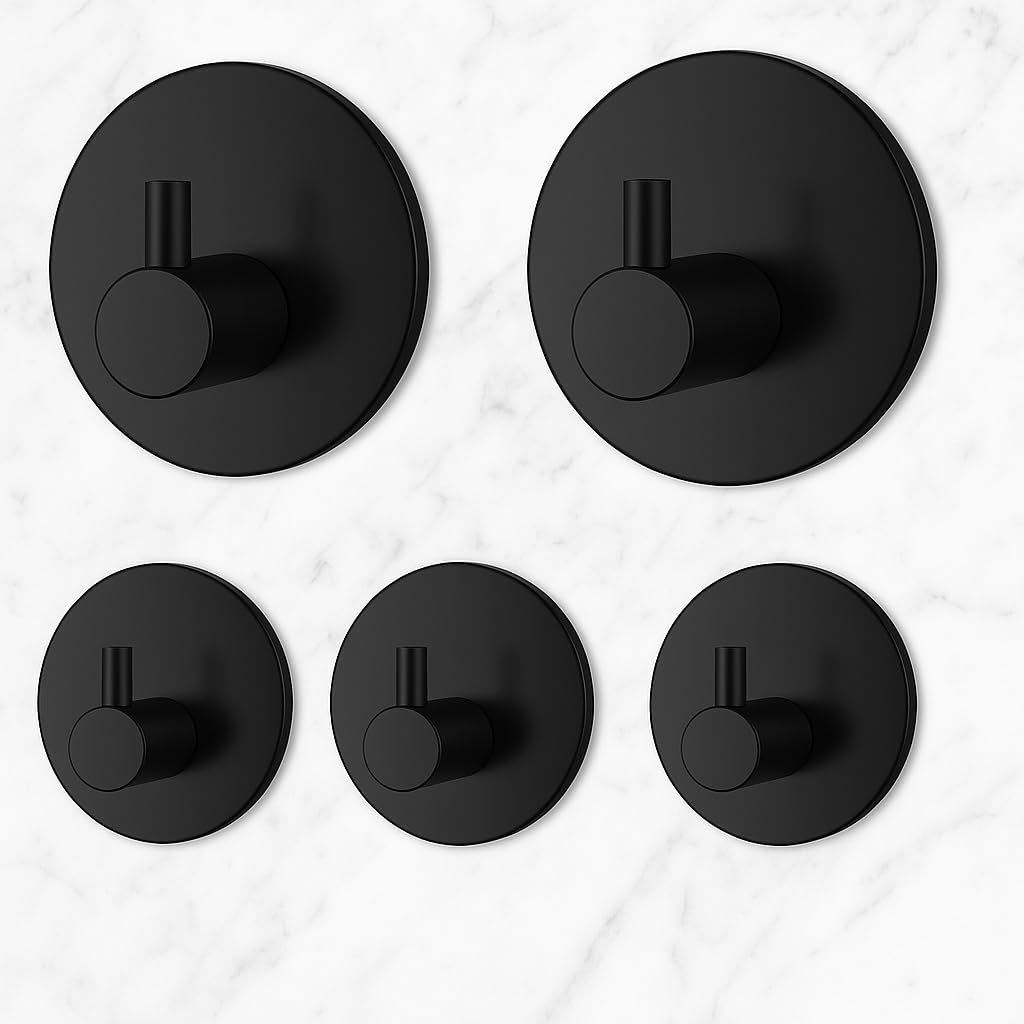 JIALTO 5 PCS Stainless Steel Heavy Duty Adhesive Round Design Wall Hanging Sticking Hooks for Wall Used for Bathroom Toilet and Multipurpose Work (Round Black)
